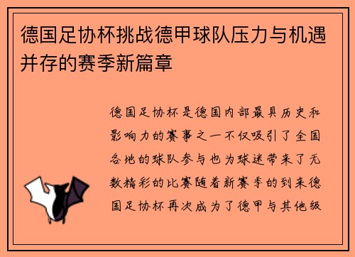 德国足协杯挑战德甲球队压力与机遇并存的赛季新篇章