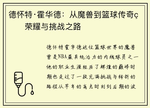 德怀特·霍华德：从魔兽到篮球传奇的荣耀与挑战之路