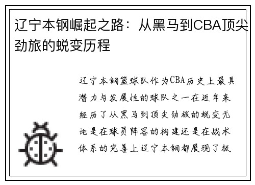 辽宁本钢崛起之路：从黑马到CBA顶尖劲旅的蜕变历程