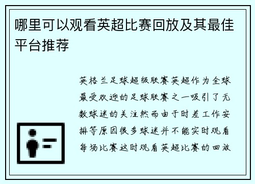 哪里可以观看英超比赛回放及其最佳平台推荐